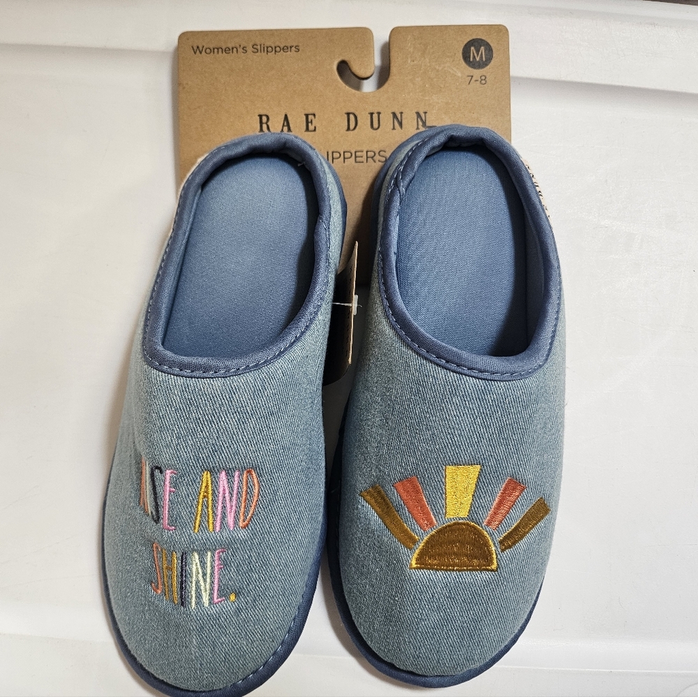Rae Dunn Denim Slip On Cushioned Slippers Rainbow Sun Embroidery Sz M (7-8) New
